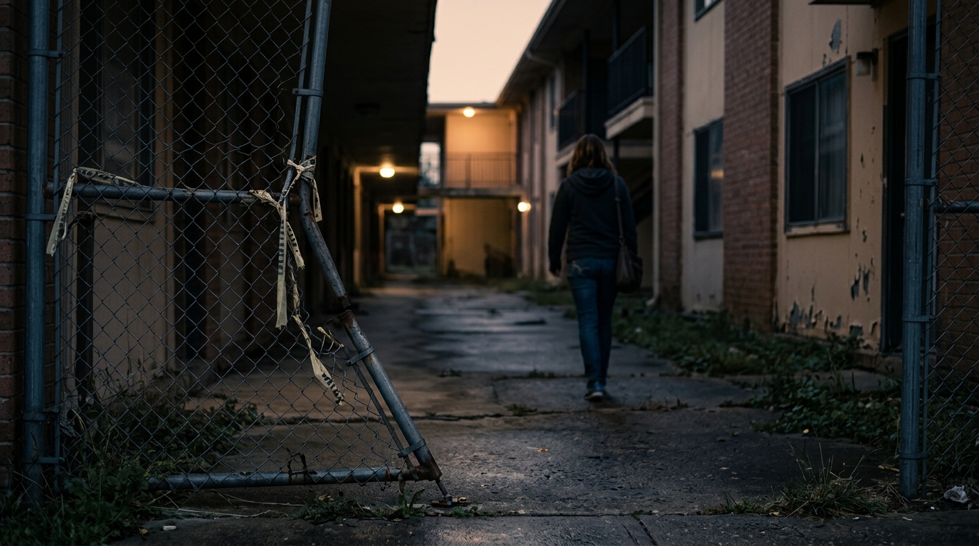 Broken security gate along a dark, unlit apartment walkway showing unsafe property conditions.