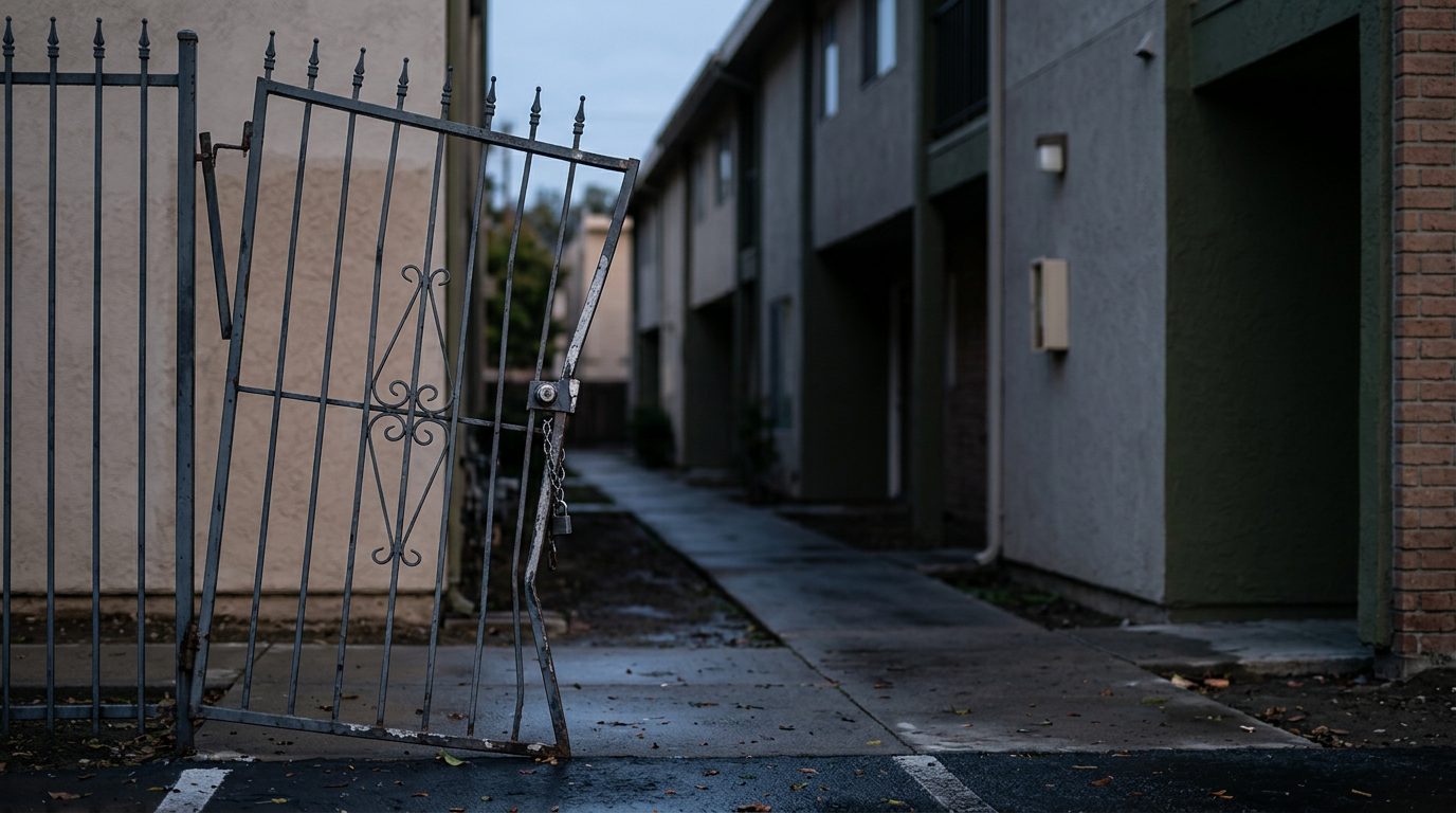 Broken security gate and dark apartment walkway at night.