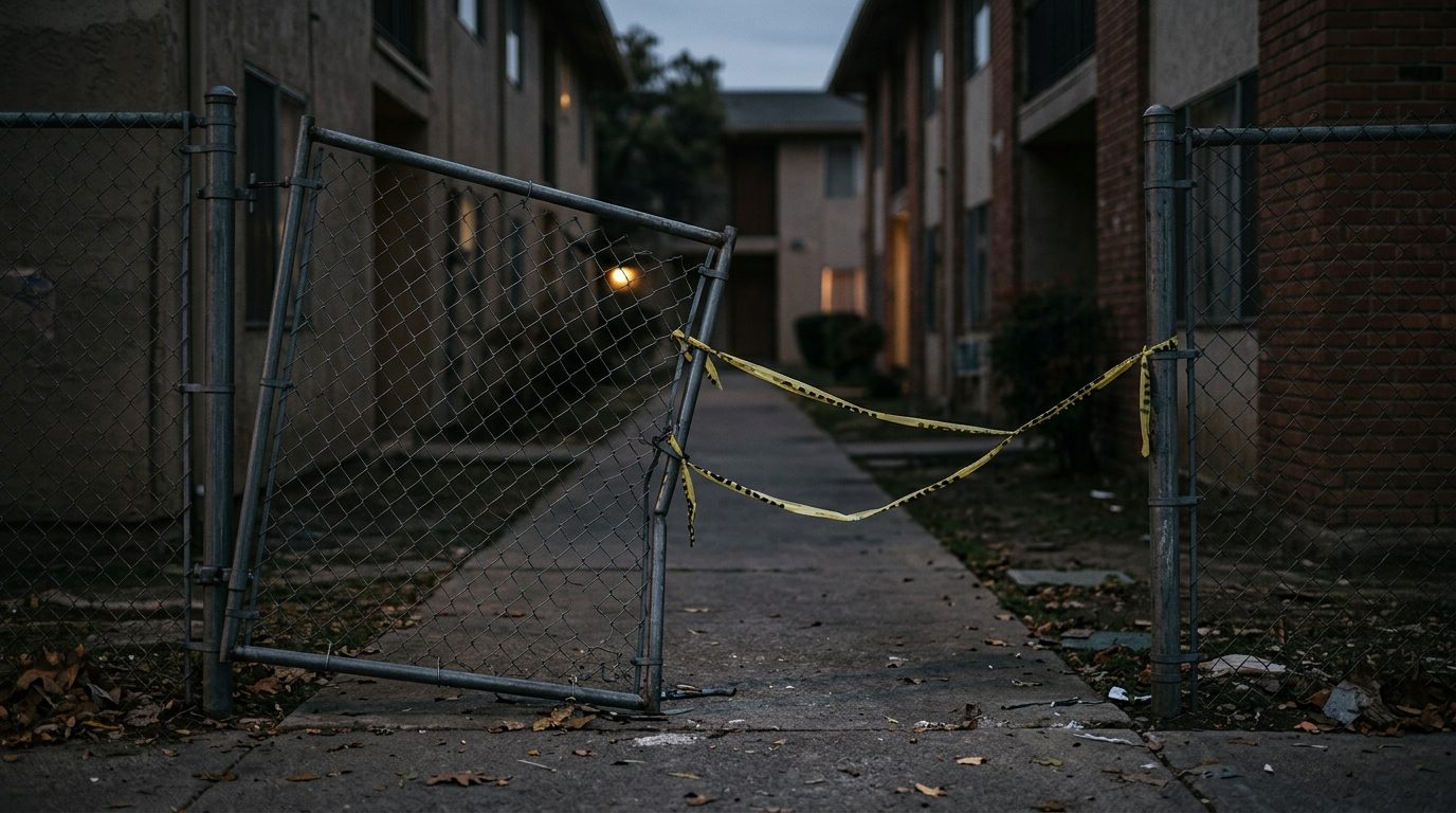 Broken security gate and dark apartment walkway at night.