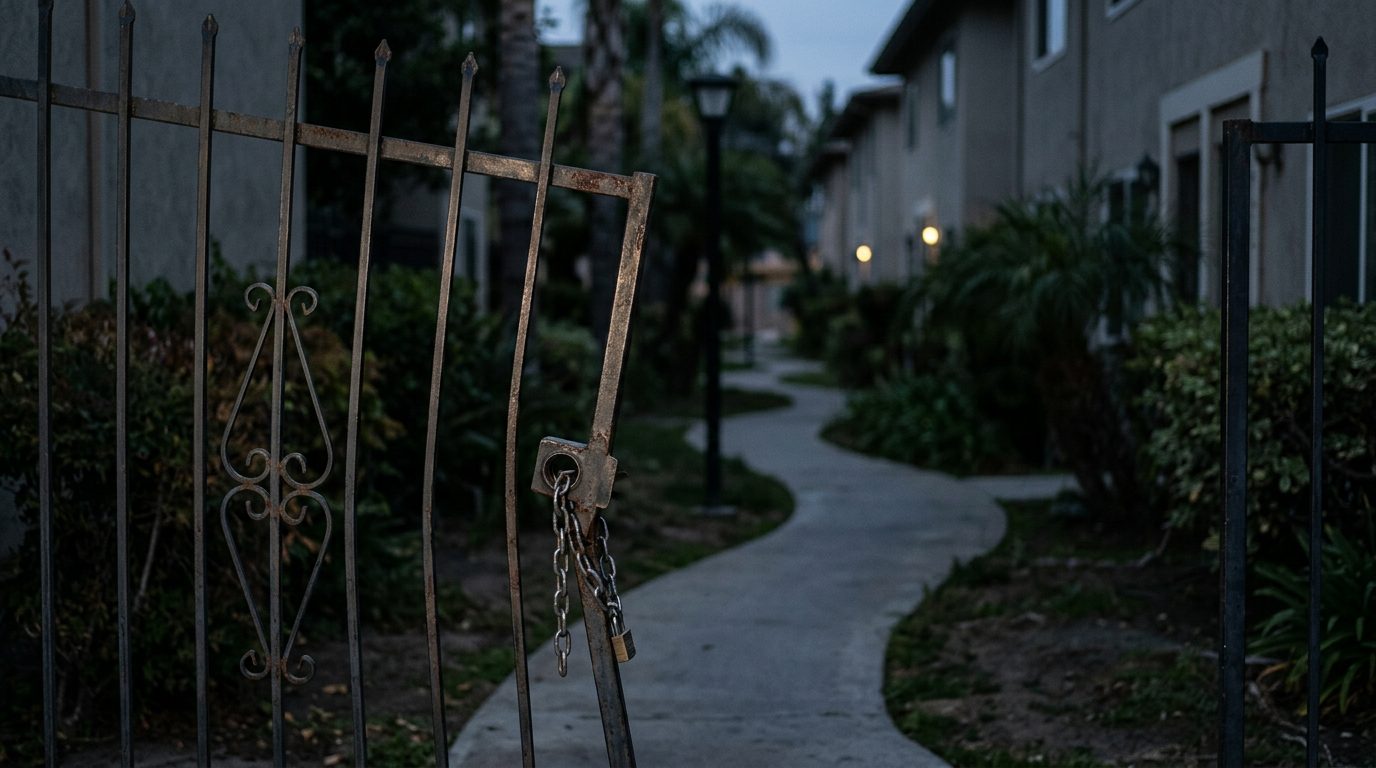 Broken security gate and dark apartment walkway at short-term rental property.