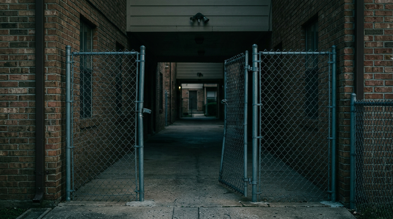 Broken security gate and dark apartment walkway highlighting unsafe property conditions after an assault.