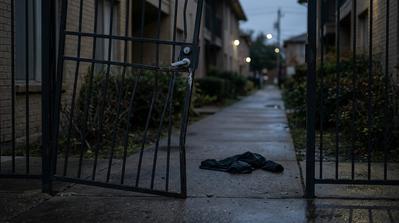 Broken security gate and dark apartment walkway illustrating unsafe property conditions.