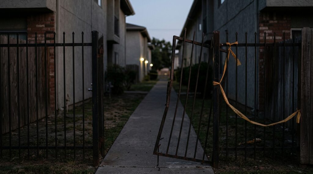 Broken security gate and dark apartment walkway on an unsafe property where an assault occurred.