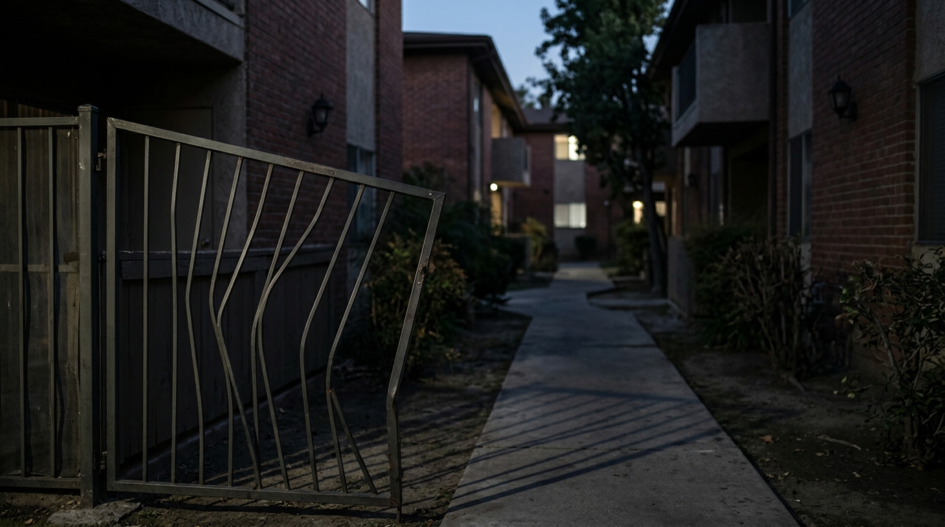 Broken security gate and dark apartment walkway on unsafe property where an assault occurred.