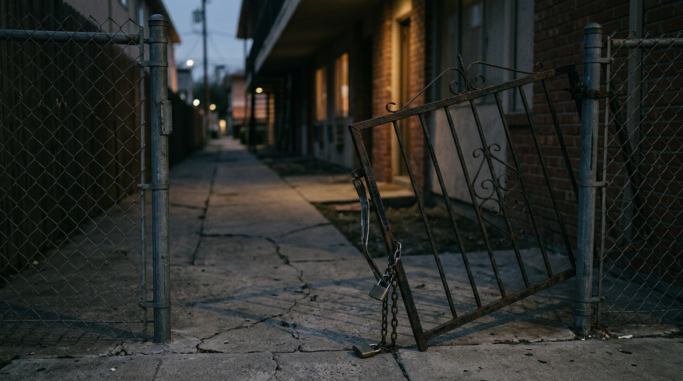 Broken security gate and dark apartment walkway on unsafe property where an assault occurred.