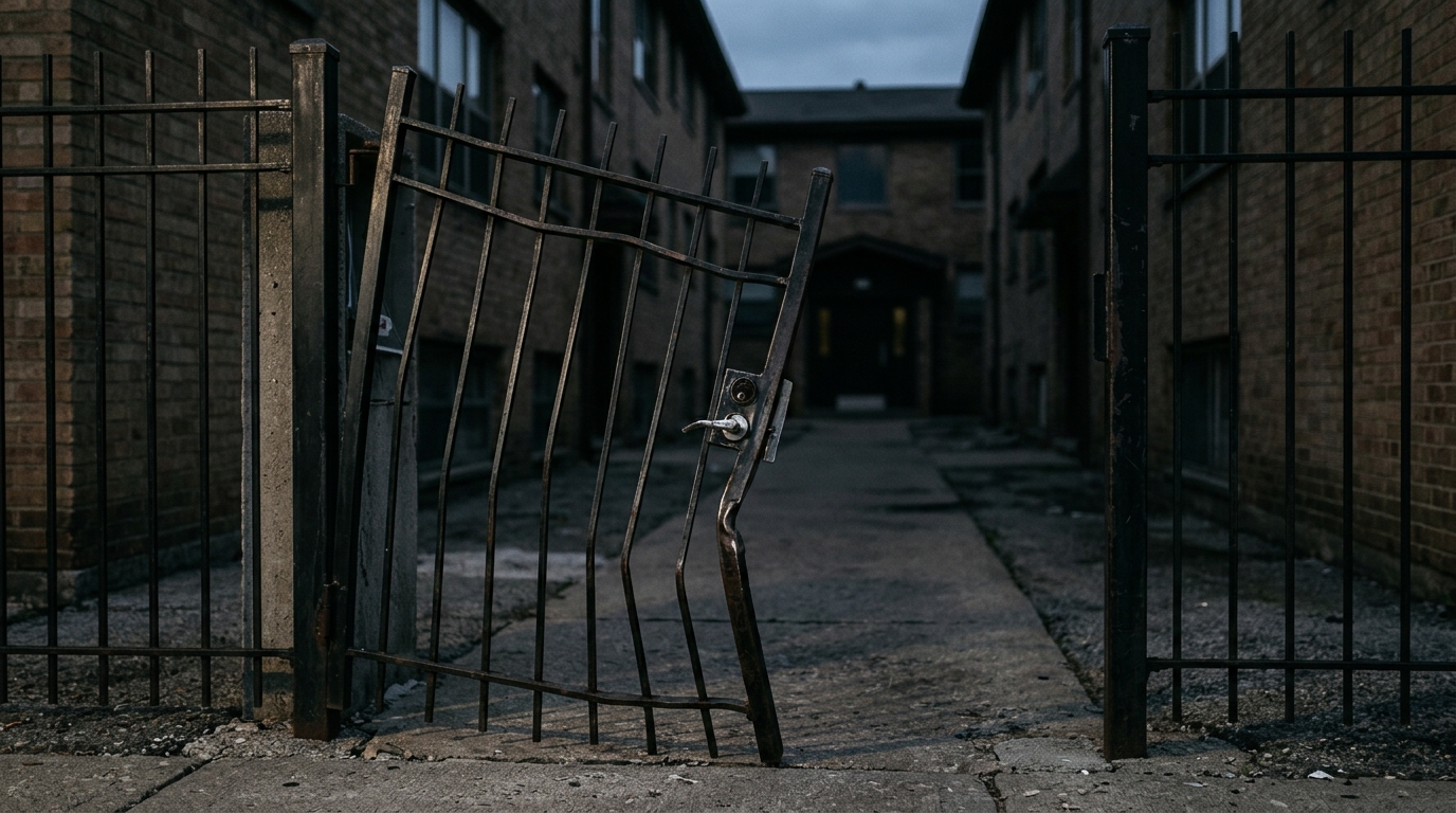 Broken security gate and dark apartment walkway on unsafe property after an assault.