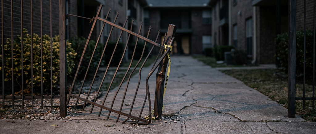 Broken security gate and dark apartment walkway on unsafe property where an assault occurred.