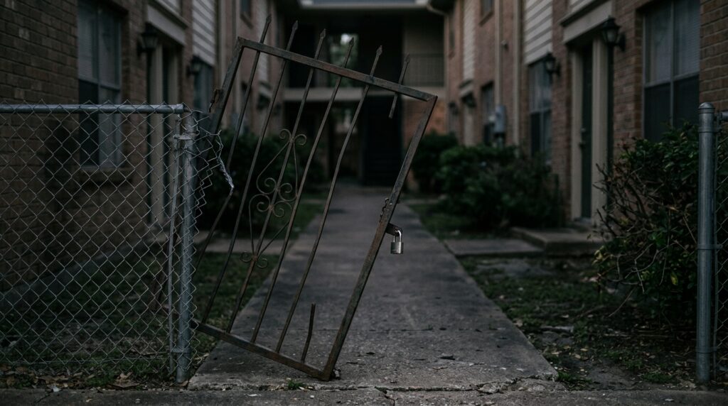 Broken security gate and dark apartment walkway on unsafe property after an assault.