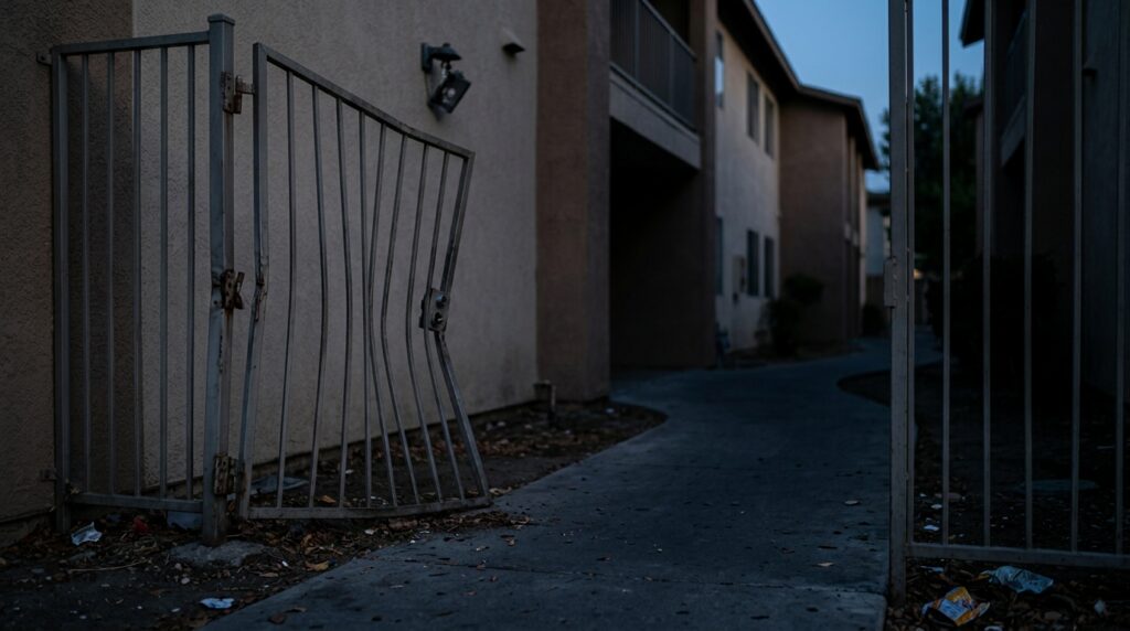 Broken security gate and dark apartment walkway showing unsafe property conditions after an assault.