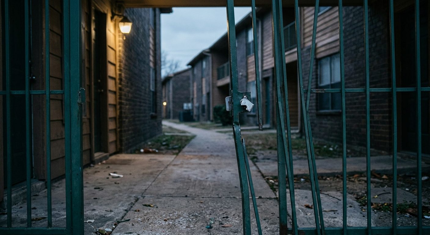Broken security gate and dark apartment walkway showing unsafe property conditions.