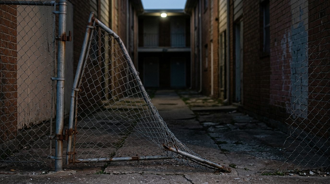 Broken security gate and dark apartment walkway showing unsafe premises conditions.