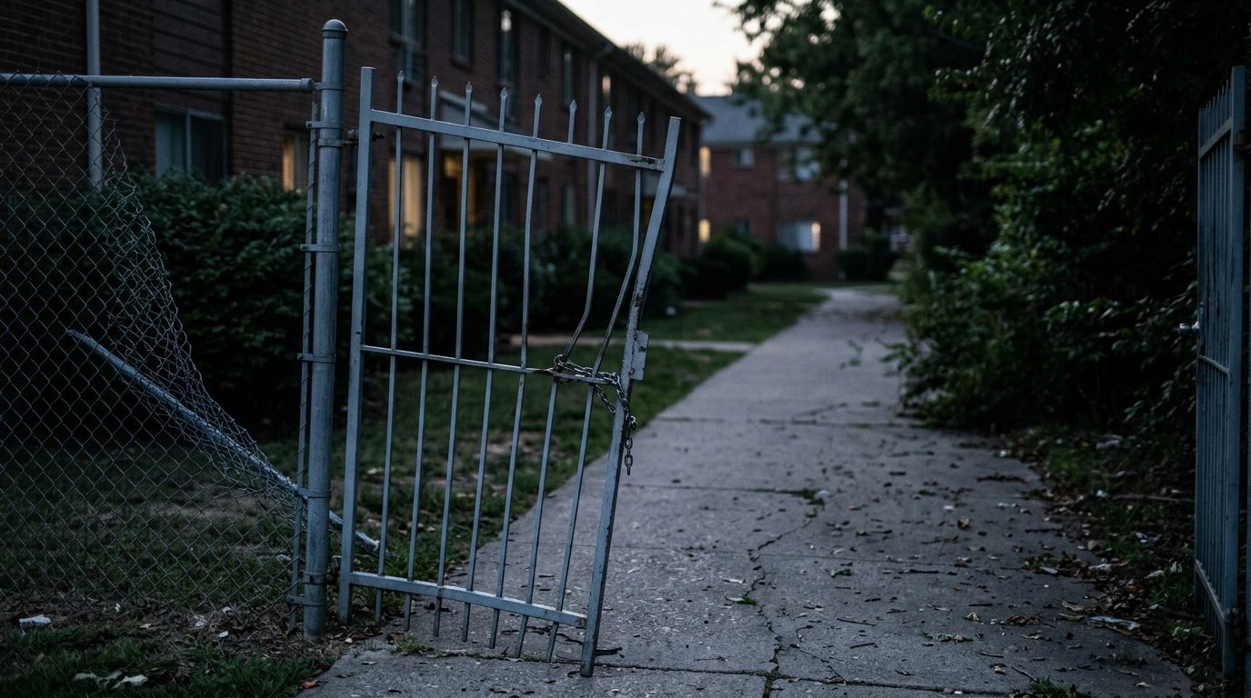 Broken security gate and dark apartment walkway where assault occurred.