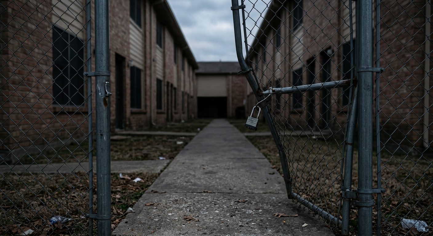 Broken security gate and dark apartment walkway where assault occurred.
