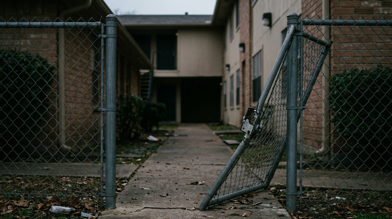 Broken security gate and dark apartment walkway where assault occurred.