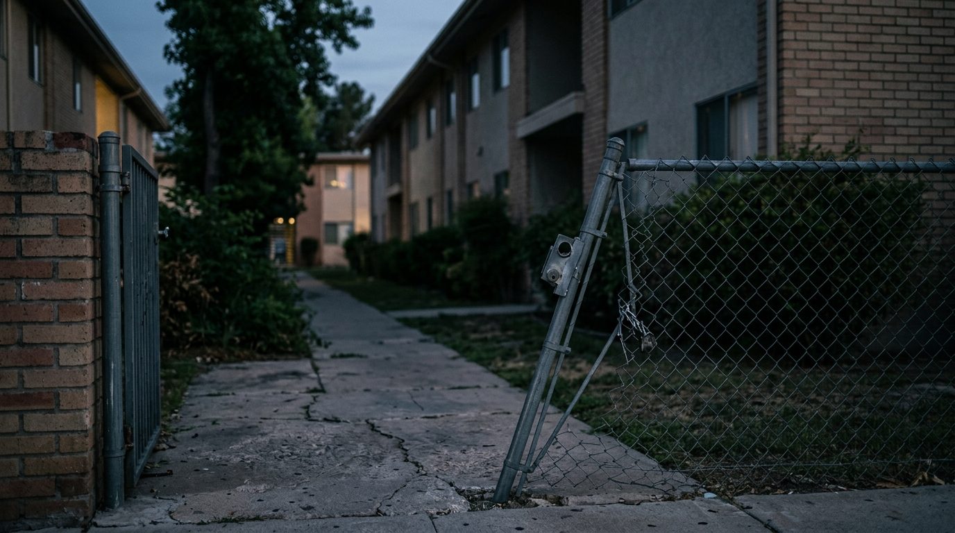 Broken security gate and dark apartment walkway where assault occurred.