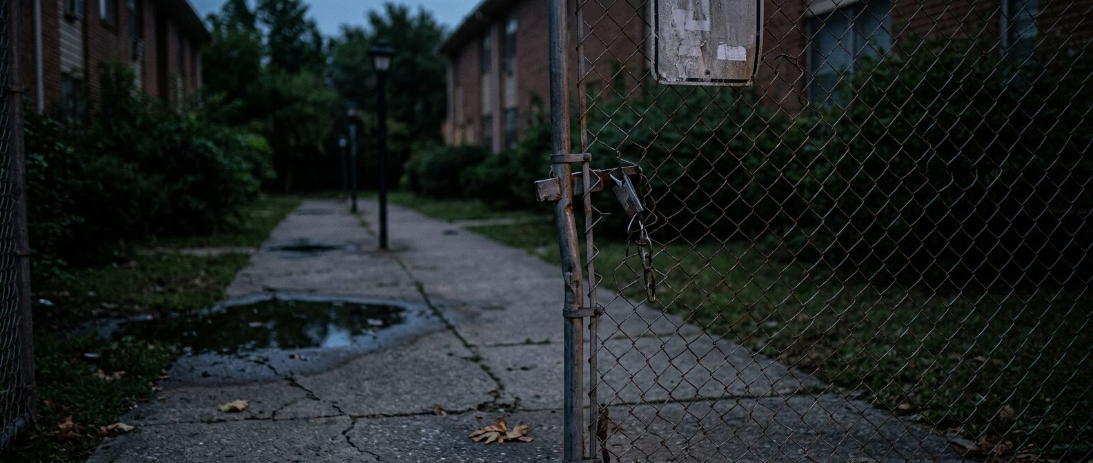 Broken security gate and dark apartment walkway where assault occurred on unsafe property.