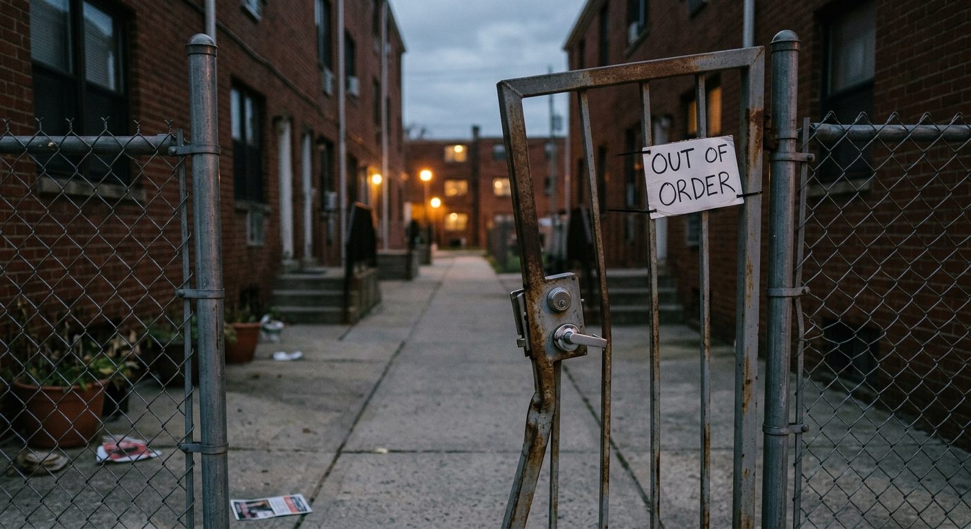 Broken security gate and dark apartment walkway where assault occurred.