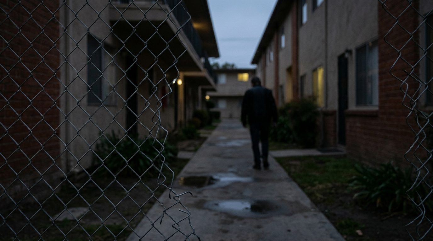 Broken security gate and dark apartment walkway where assault occurred.