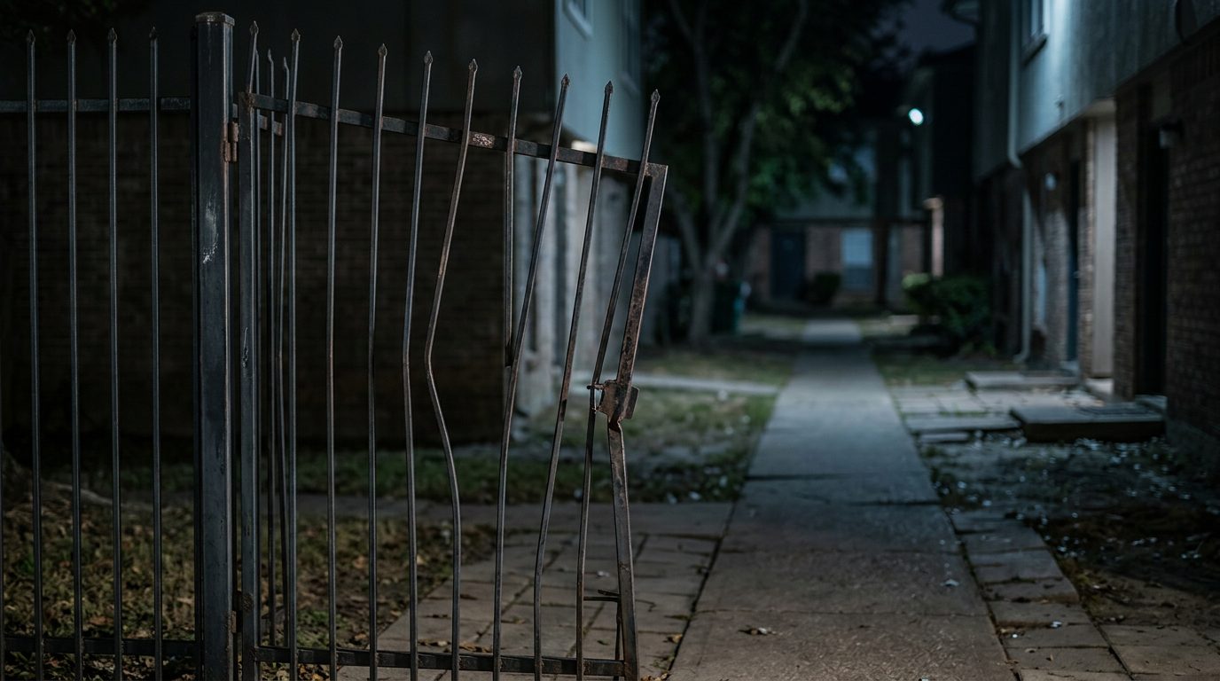 Broken security gate and dark apartment walkway where assault occurred.