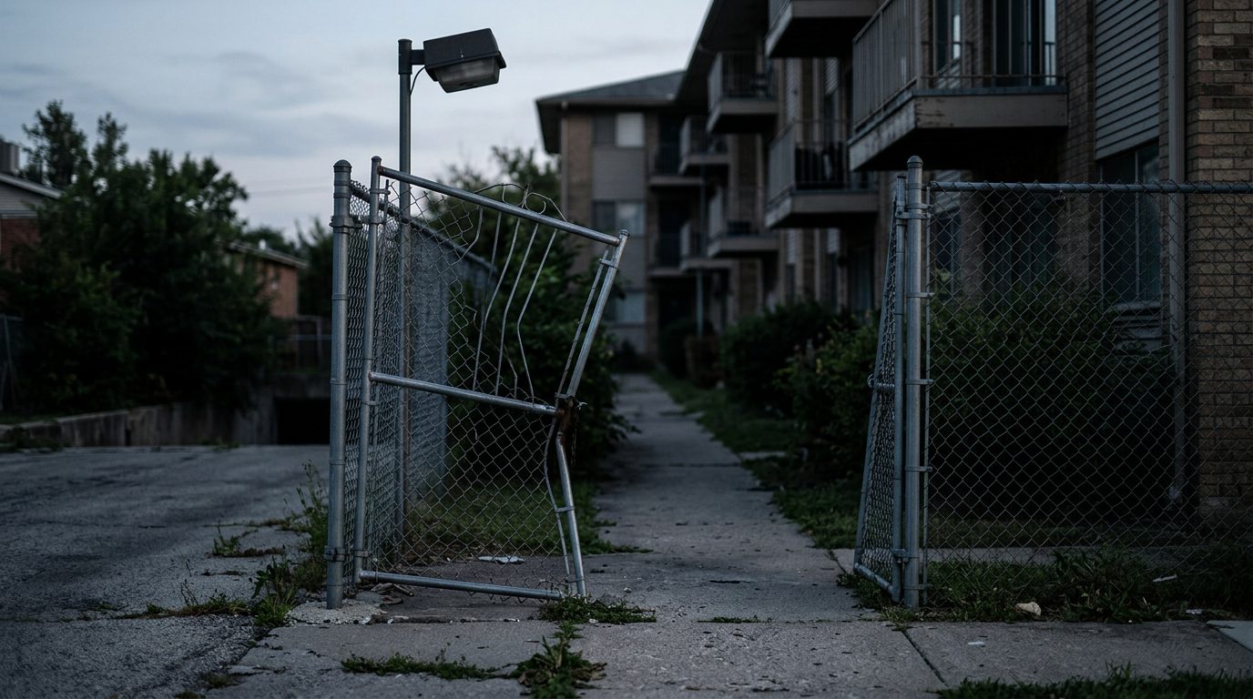 Broken security gate and dark apartment walkway where assault occurred.