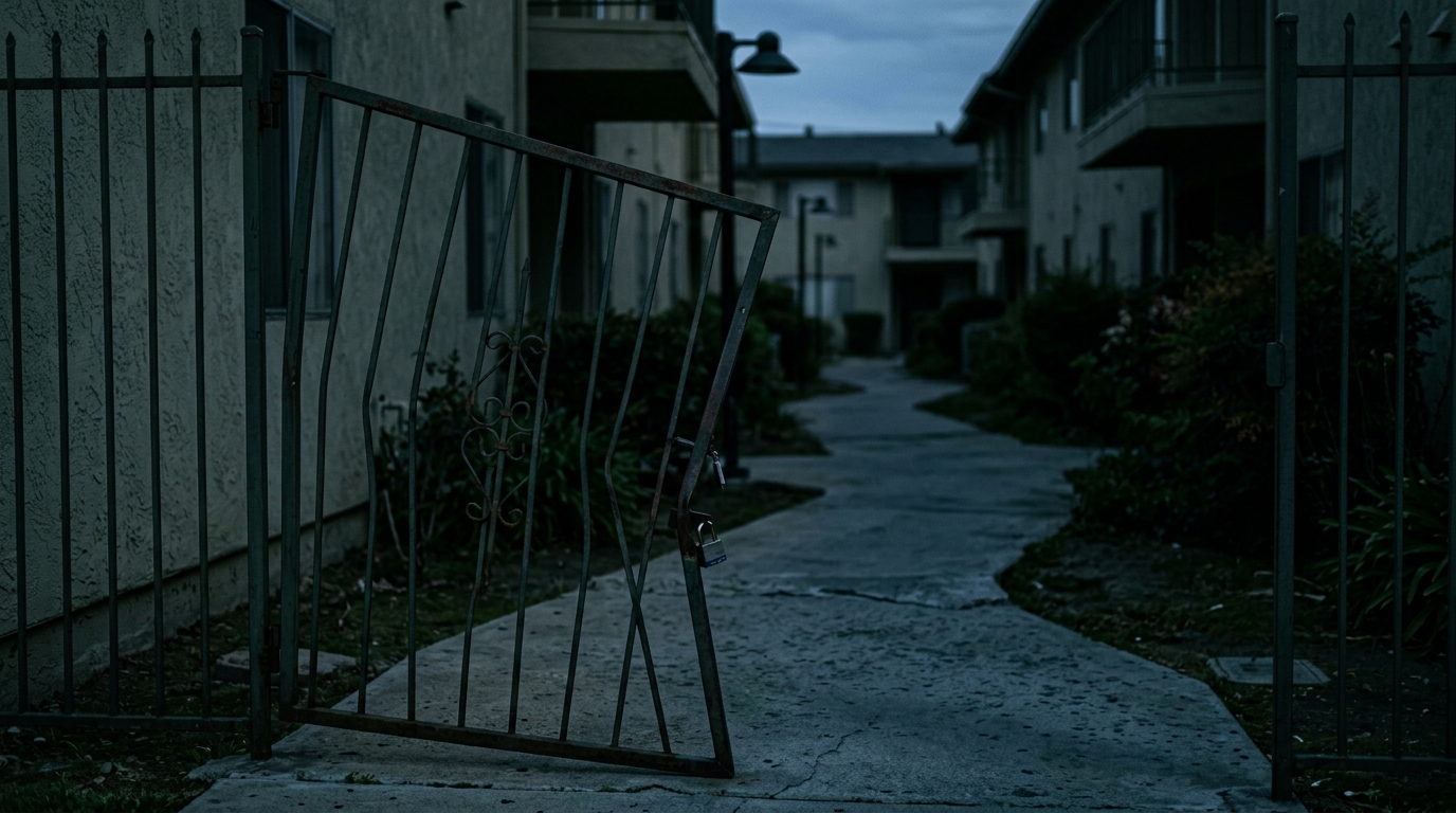 Broken security gate and unlit apartment walkway highlighting unsafe property conditions.