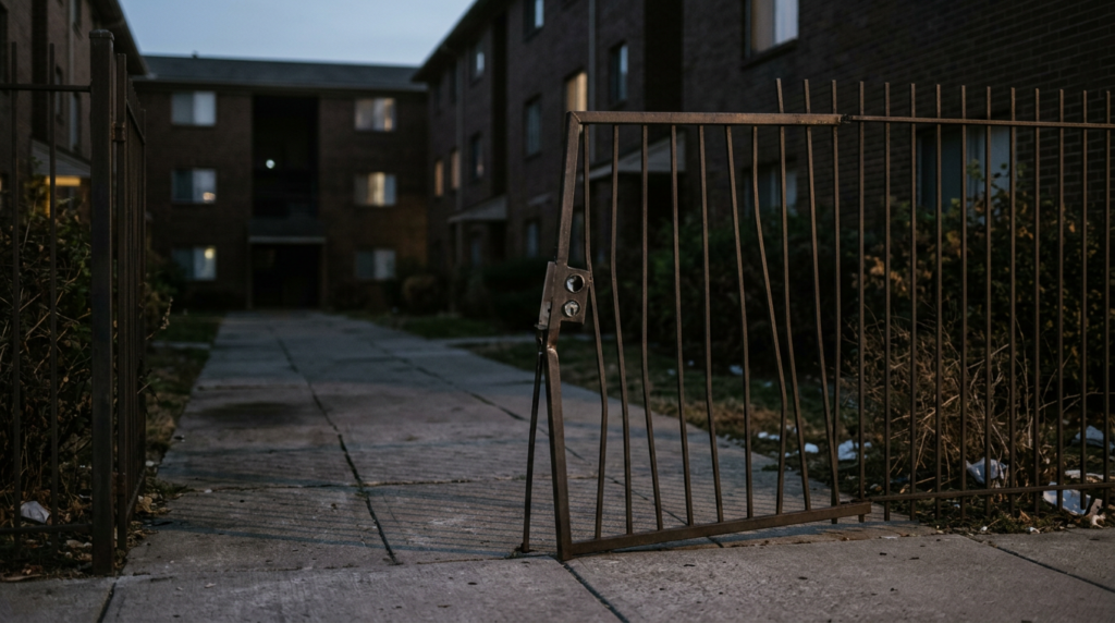 Broken security gate and unlit apartment walkway on an unsafe property with inadequate security.