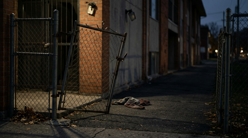 Broken security gate and unlit apartment walkway on an unsafe property where an assault occurred.