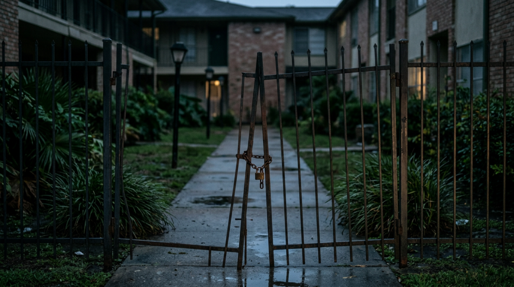 Broken security gate and unlit apartment walkway on an unsafe property.