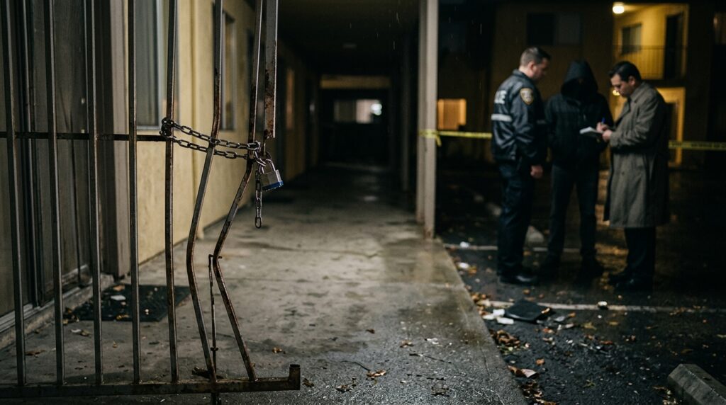 Broken security gate and unlit apartment walkway on unsafe property where an assault occurred.