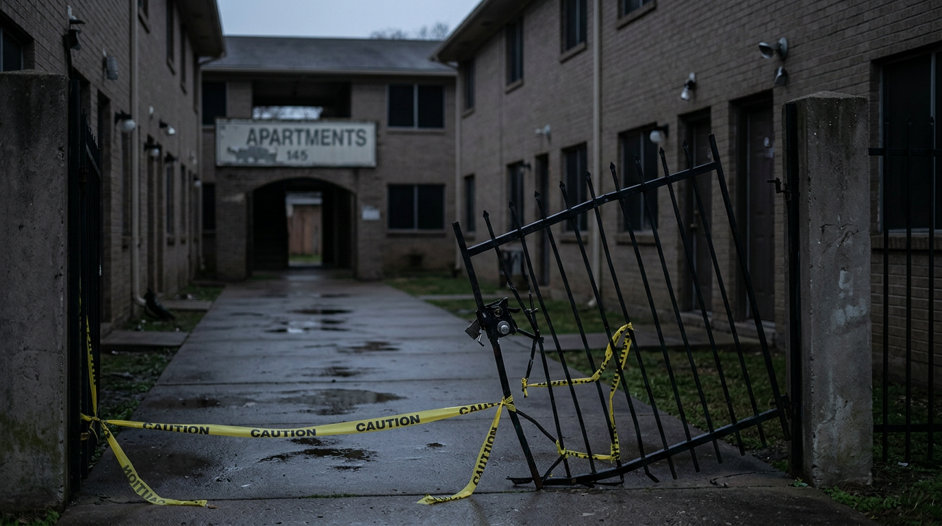 Broken security gate and unlit apartment walkway on unsafe property after an assault.
