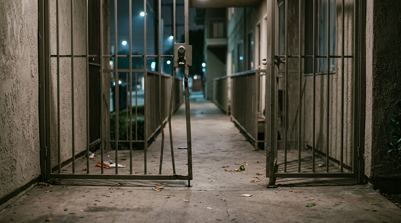 Broken security gate and unlit apartment walkway on unsafe property after an assault.