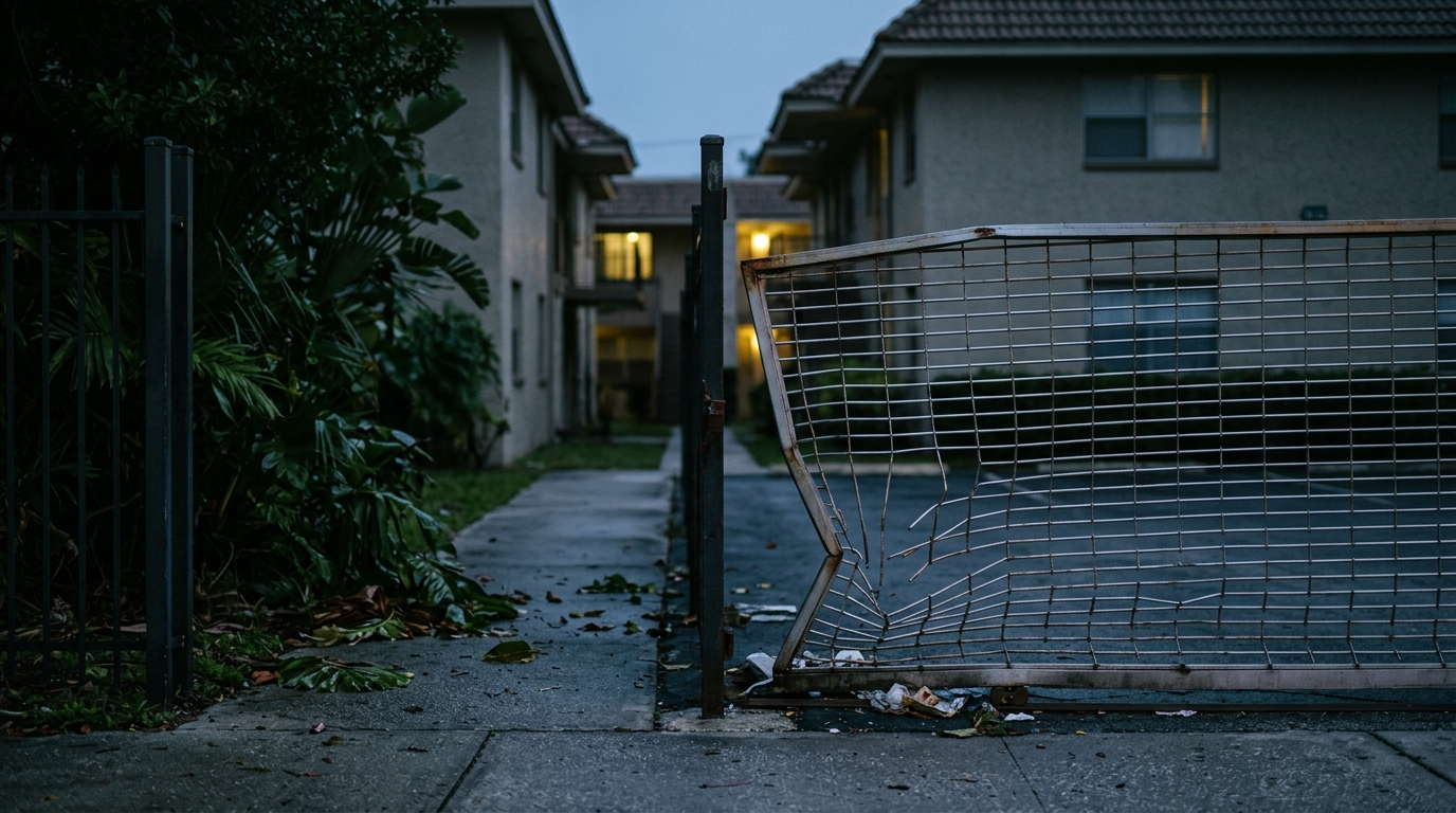 Broken security gate and unlit apartment walkway on unsafe property where an assault occurred.
