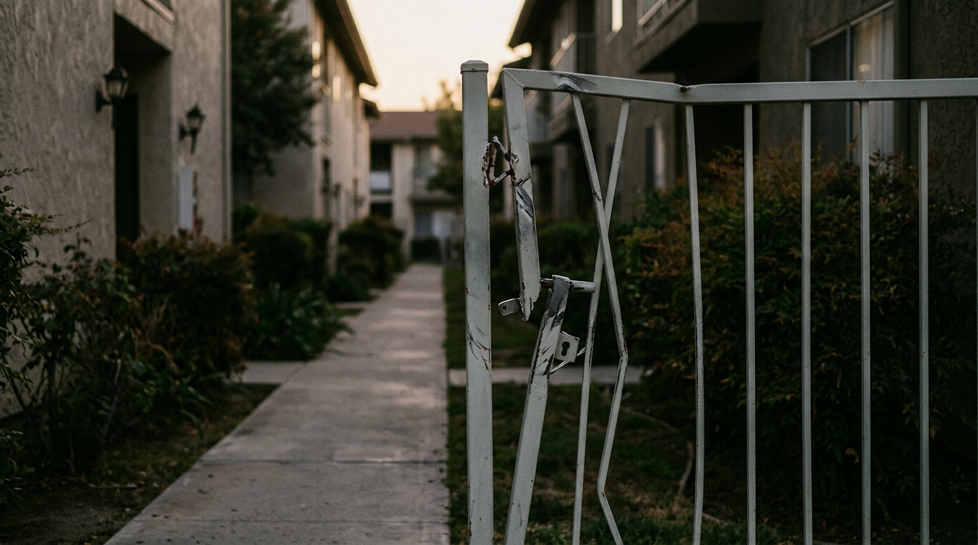 Broken security gate and unlit apartment walkway on unsafe property where an assault occurred.