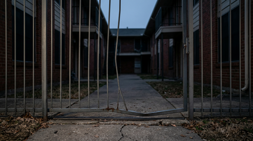 Broken security gate and unlit apartment walkway on unsafe property where an assault occurred.