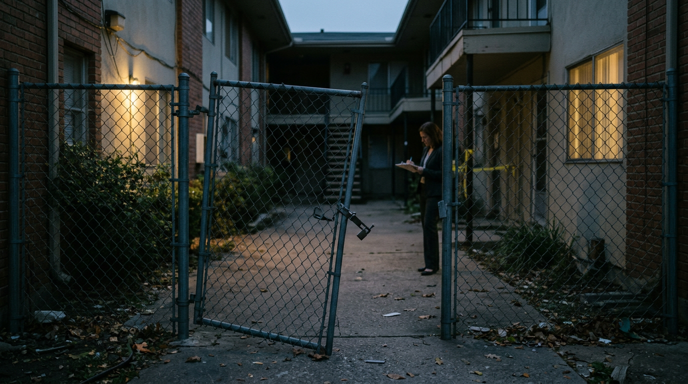 Broken security gate and unlit apartment walkway on unsafe property.