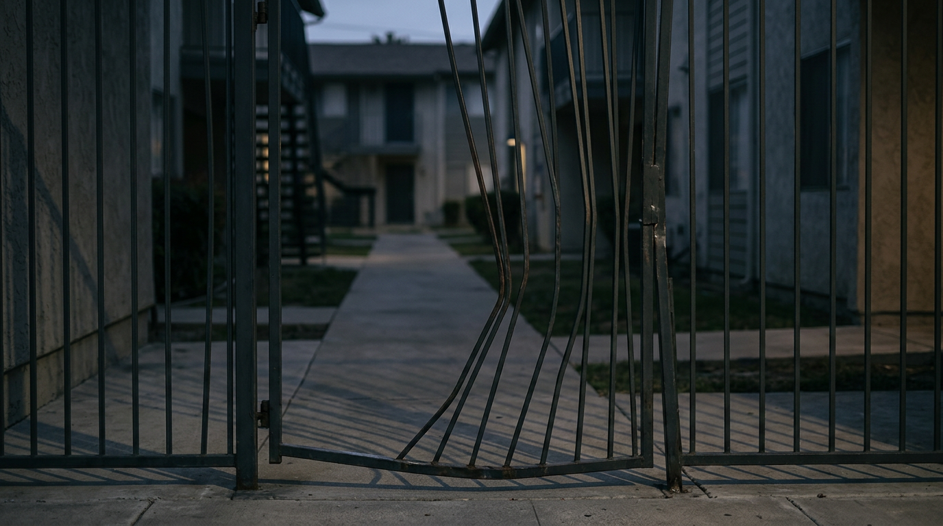 Broken security gate and unlit apartment walkway on unsafe property after an assault.