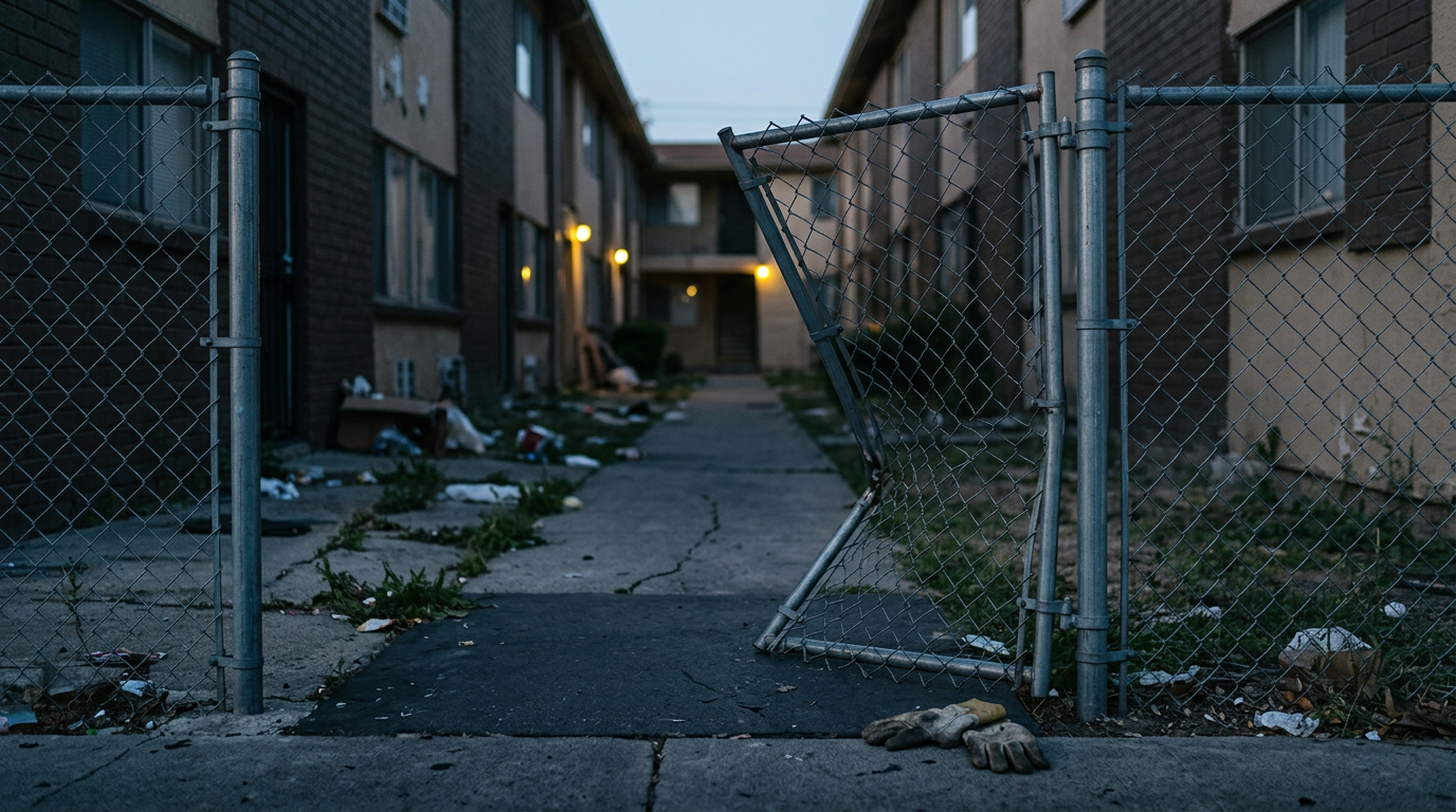 Broken security gate and unlit apartment walkway showing unsafe property conditions after an assault.
