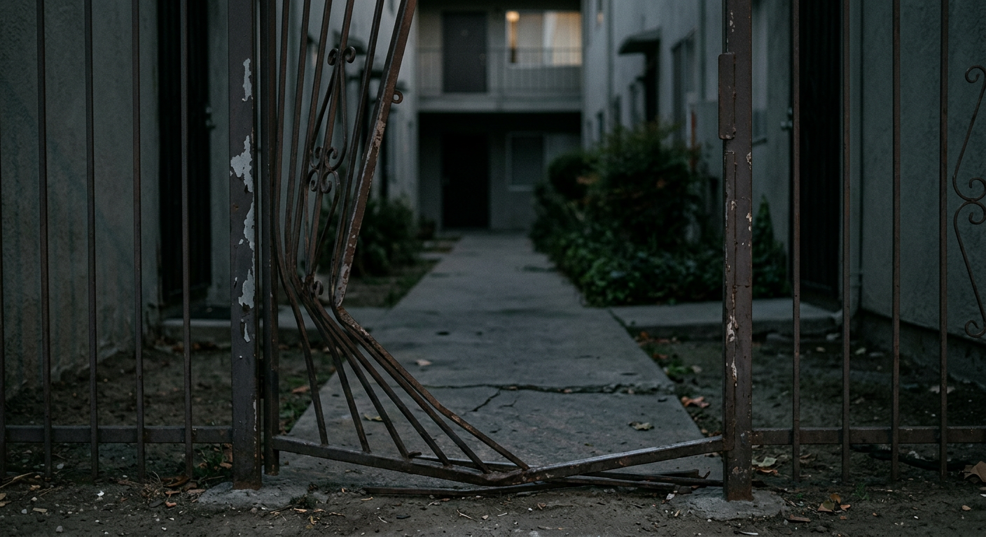 Broken security gate and unlit apartment walkway showing unsafe property conditions after an assault.