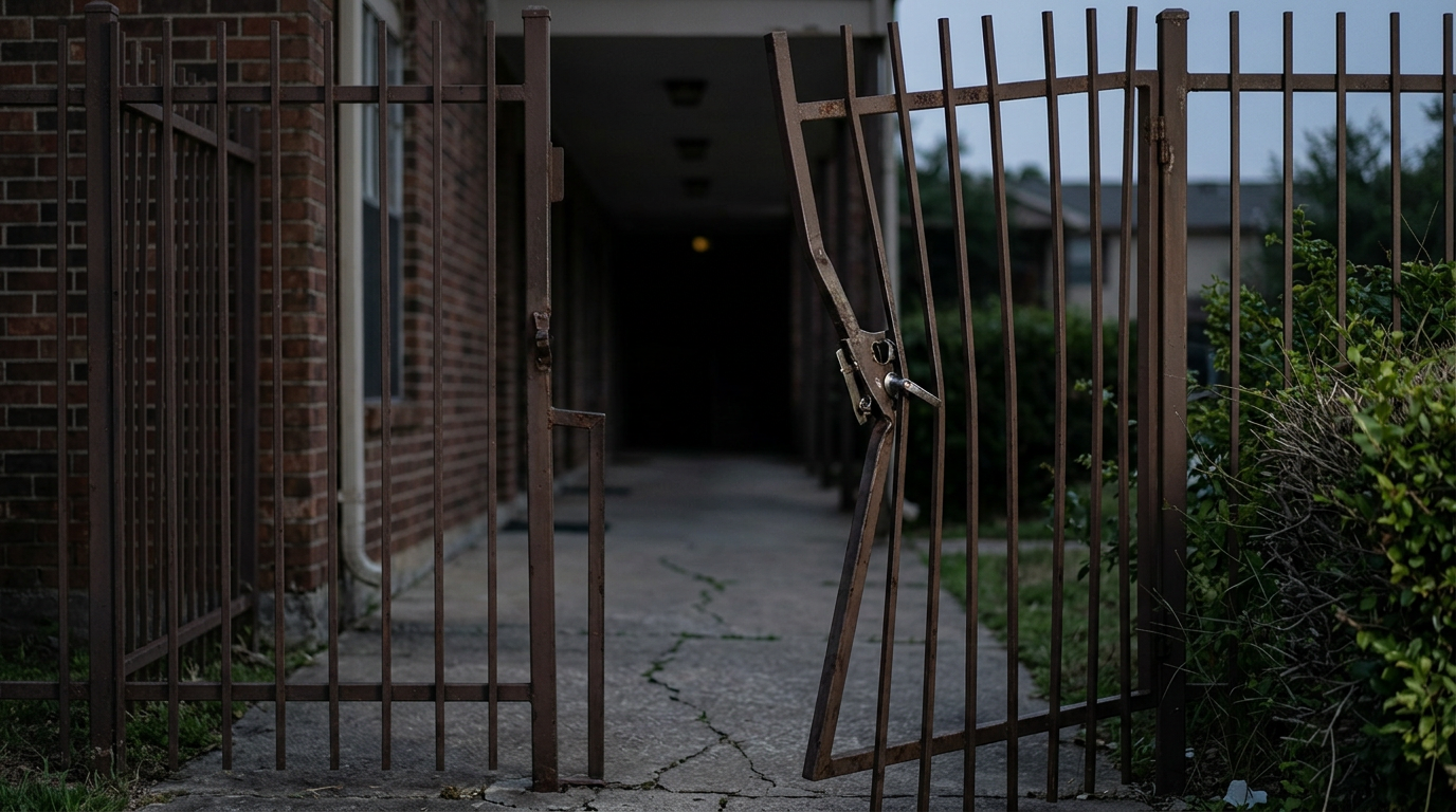 Broken security gate and unlit apartment walkway showing unsafe property conditions.
