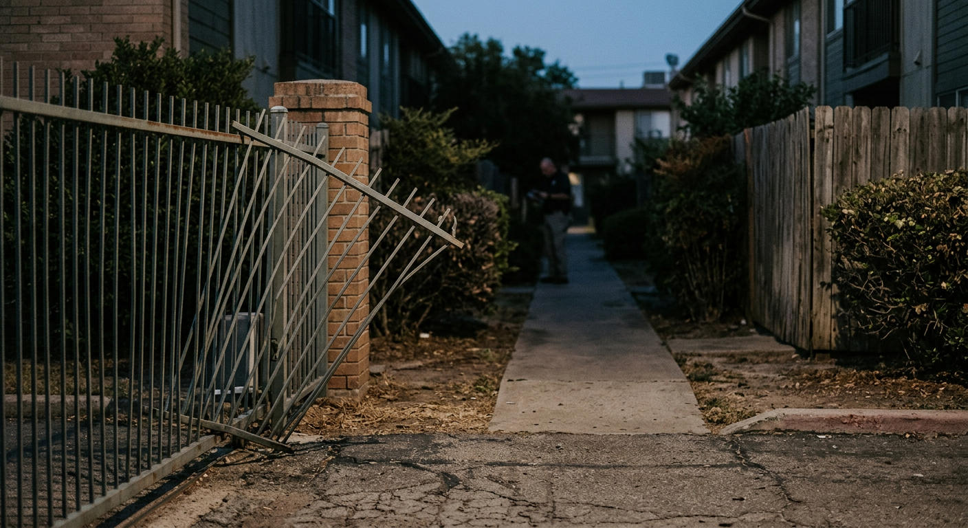 Broken security gate and unlit walkway at an apartment complex with inadequate security.