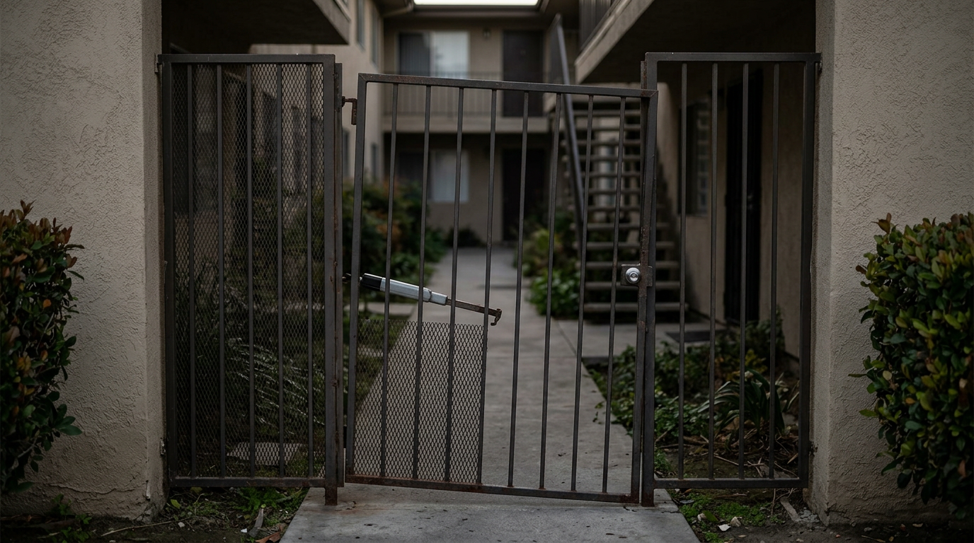 Broken security gate and unlit walkway at an apartment complex with inadequate safety measures.