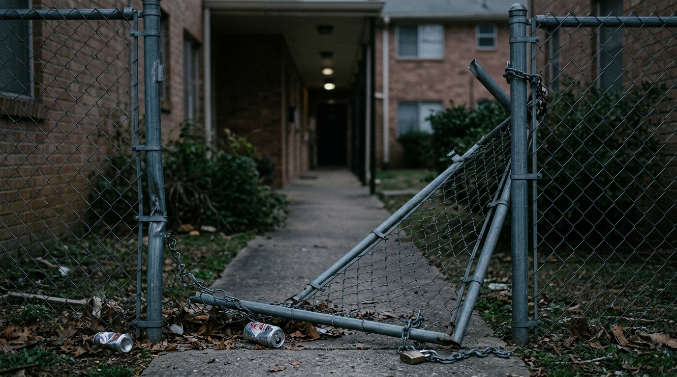 Broken security gate and unlit walkway at an apartment complex where an assault occurred on unsafe property.