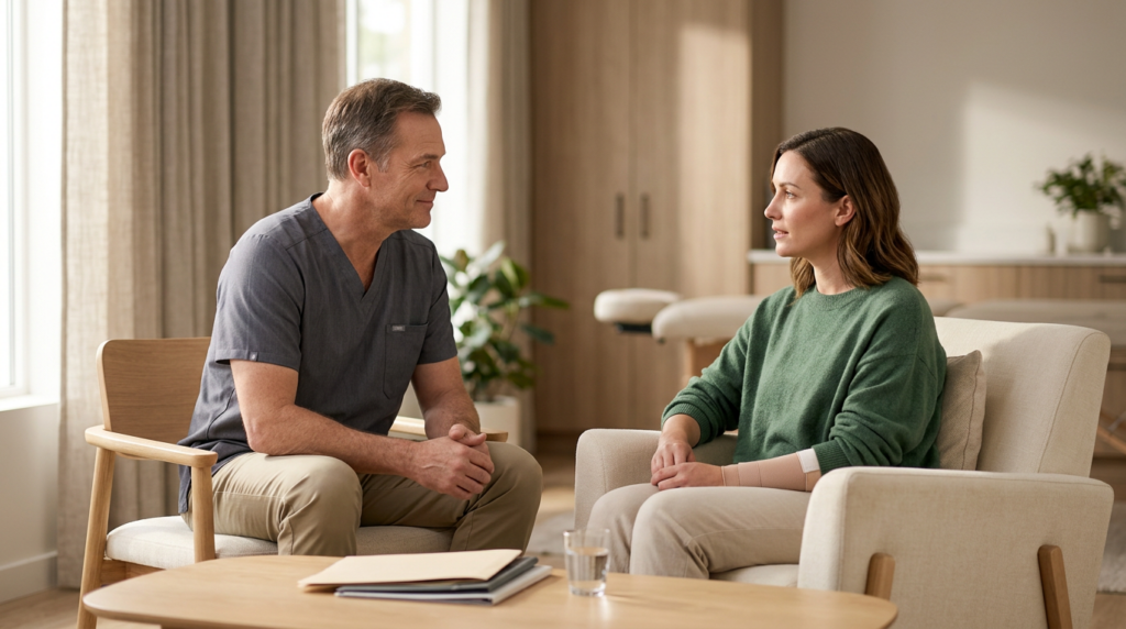 Burn injury patient meeting a rehabilitation clinician in a calm private treatment room.