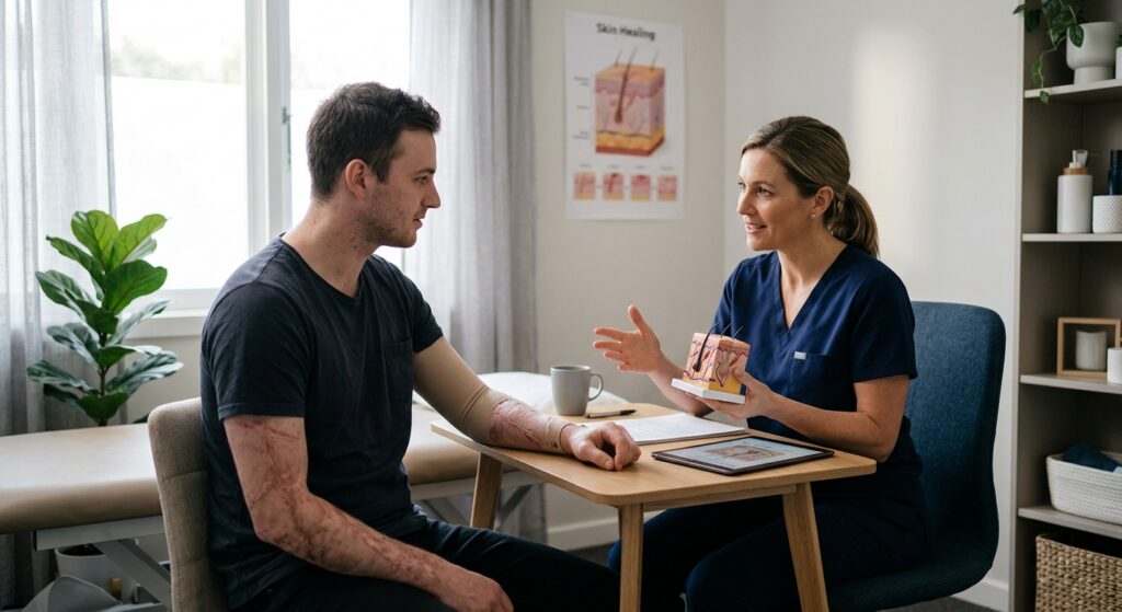 Burn injury patient meeting a rehabilitation clinician in a calm private treatment room.