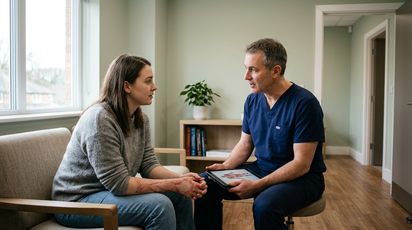 Burn injury patient meeting a rehabilitation clinician in a calm private treatment room.