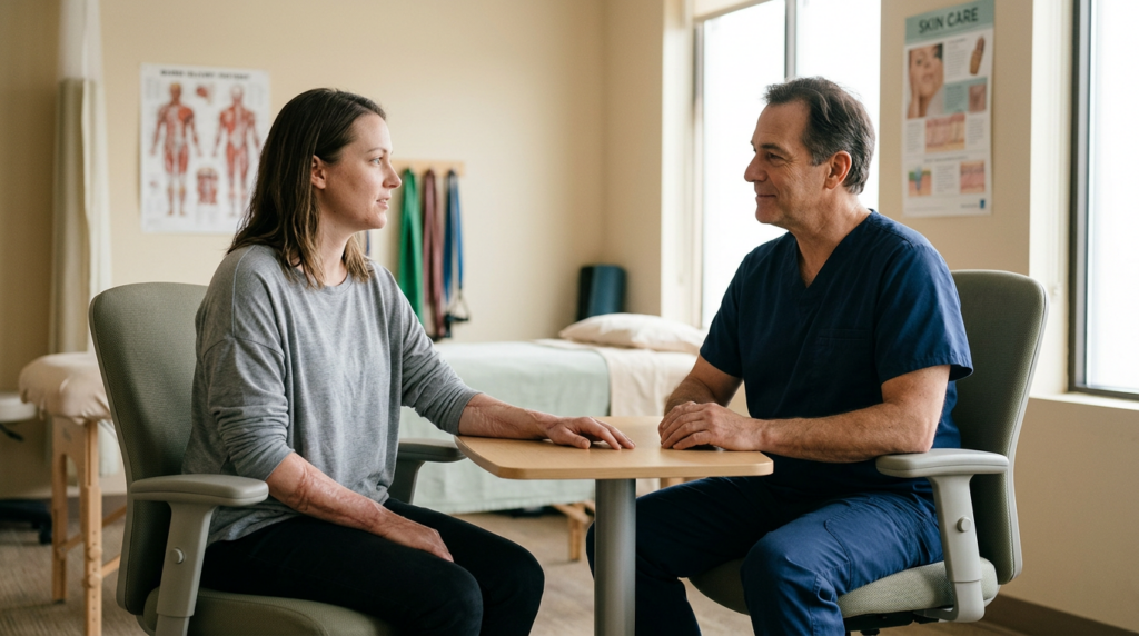 Burn injury patient meeting a rehabilitation clinician in a calm private treatment room.