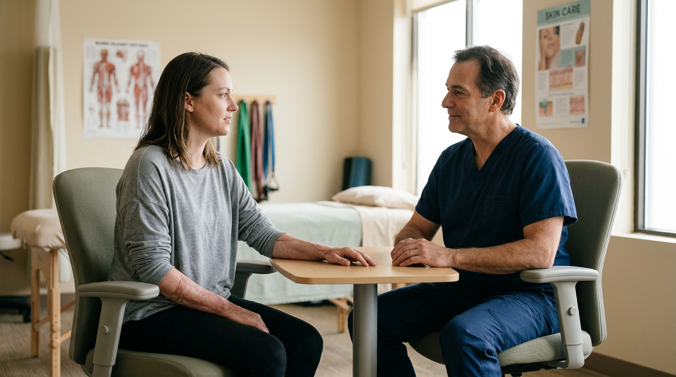 Burn injury patient meeting a rehabilitation clinician in a calm private treatment room.