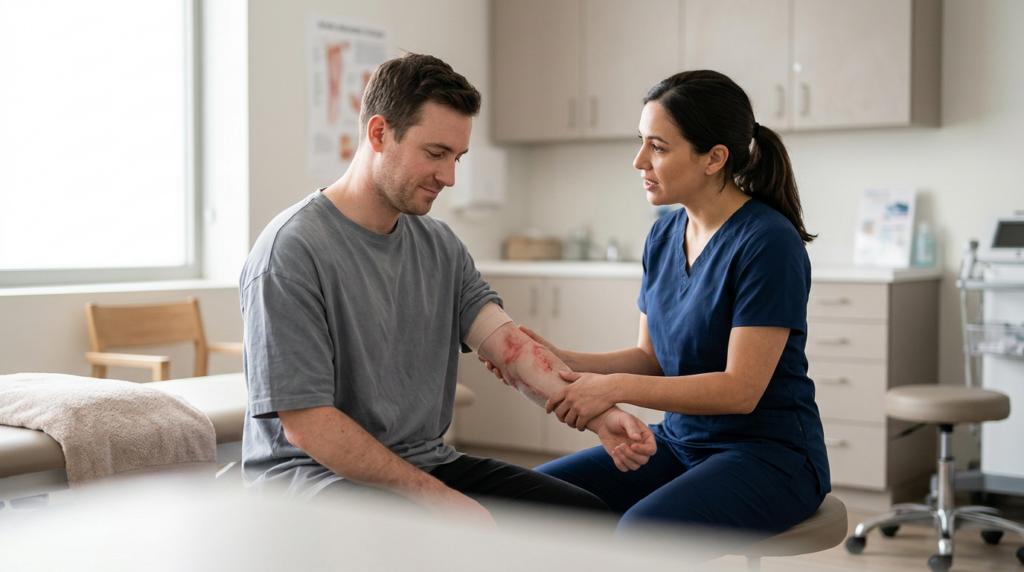 Burn injury patient meeting a rehabilitation clinician in a calm private treatment room.