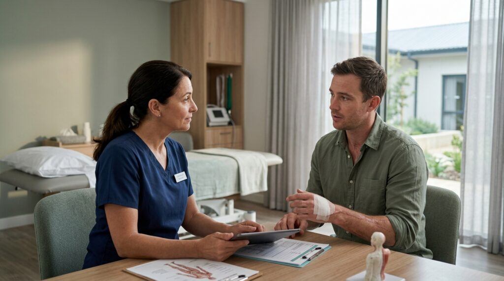 Burn injury patient meeting a rehabilitation clinician in a calm private treatment room.