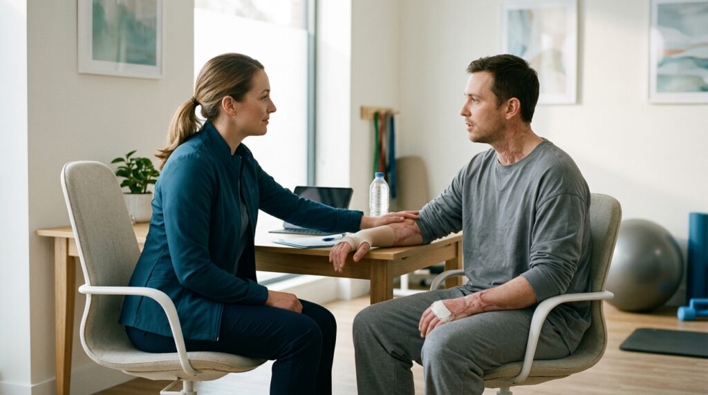 Burn injury patient meeting with a rehabilitation clinician in a calm private treatment room.